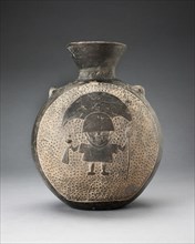 Jar with Relief of Standing Figure with Crescent Headdress, Holding Ritual Objects, A.D. 1200/1450.