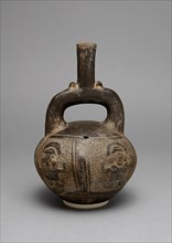 Blackware Stirrup Spout Vessel with a Relief Depicting Warriors with Raised Arms, A.D. 1200/1450.