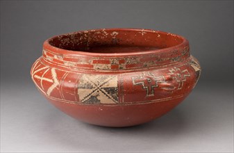Polychrome Bowl with Geometric Designs and Face in Relief on Shoulder, c. 400 B.C.