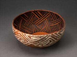 Bowl with Black Interlocking Lattice on Interior, and White Interlocking Squared Spirals on Exterios, A.D. 1300/1400.