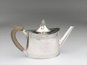 Teapot, c. 1793. Inspired by classical Roman designs unearthed at Herculaneum and Pompeii during the 1730s. Pineapple finial and wooden handle, engraved initials of the original owner.