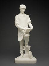 Machinist's Apprentice, c. 1859. White marble statue of machinist assistant with sketchbook and cogs.
