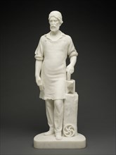 Machinist, c. 1859. White marble statue of machinist with hammer, anvil, and cogs.