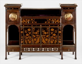 Cabinet, 1878/80. Wood cabinet with lighter wood floral design and brass.