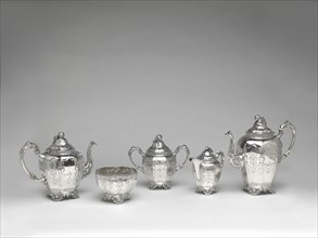 Set of silver tableware, 1852/64. Teapot, coffee pot, sugar bowl, slop bowl and jug.