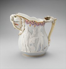 Bar Pitcher, c. 1880. Jug with bear-shaped handle and long-tusked walrus spout. Relief decoration of King Gambrinus, legendary inventor of beer, presenting a keg to Brother Jonathan, a fictional chara...