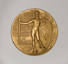 World's Columbian Exposition Commemorative Presentation Medal, 1892/94. Male nude holding flaming torch and laurel wreaths. 'The Columbian Exhibition - in Commemoration of the Four Hundredth Anniversa...