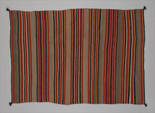 Shoulder Blanket with Plain-Stripe Design, 1860/90. A work made of wool, plain weave with "lazy lines" and dovetail tapestry weave; twined warp ends and selvages; knotted corner tassels.