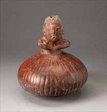 Small Fluted Bottle with Neck in Form of a Figure Holding Arms to Chest, c. A.D. 200.