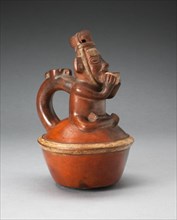 Handle Spout Vessel Depicting Seated Figure Drinking from Cup, A.D. 1200/1450.
