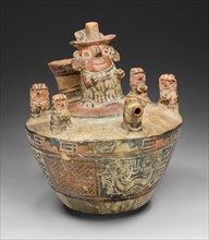 Spouted Bottle with Modeled Scene Depicting a Drinking Ceremony or Offering RItual, A.D. 1/700.