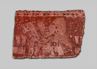 Mural Fragment Representing a Ritual of World Renewal, A.D. 500/600. Frament of a mural from the city of Teotihuacan mural painted in red and white tones that depicts a ritual figure with speach scrol...