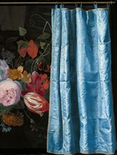 Trompe-l'Oeil Still Life with a Flower Garland and a Curtain, 1658. Detail from a larger artwork.
