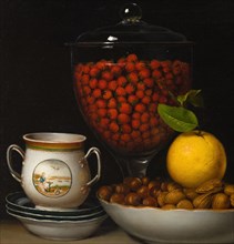 Still Life - Strawberries, Nuts, &c., 1822. Fruit in imported Chinese porcelain vessels. Detail from a larger artwork.