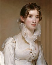 Mrs. Klapp (Anna Milnor), 1814. Philadelphian Anna Milnor Klapp wearing an Empire-style dress and stand-up collar. Detail from a larger artwork.