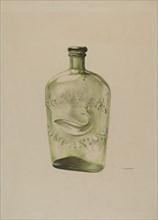 Glass Whiskey Flask, c. 1939. [engraved on bottle: Travellers companion].