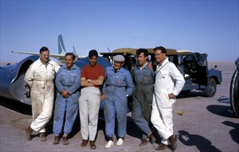 Bluebird CN7 support crew, Ken Norris (3rd from left), Leo Villa (3rd from right), Lake Eyre, 1964. Creator: Unknown.