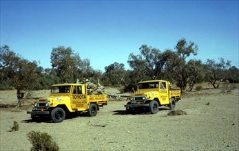 Toyota Ampol fuelling trucks for Bluebird CN7 World Land Speed Record attempt, Australia, 1964. Creator: Unknown.