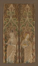Fragment from an Orphrey Band Showing St. Barbara and St. James, England, 1350/1400. Creator: Unknown.