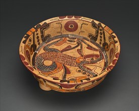 Tripod Polychrome Bowl Depicting a Serpent with Feathers, A.D. 500/750. Creator: Unknown.