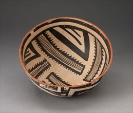 Bowl with Radiating Striped Bands and Triangles and Interlocking Zigzag on Exterior, A.D. 1300/1400. Creator: Unknown.