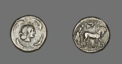 Tetradrachm (Coin) Depicting Quadriga with Bearded Charioteer, 485-478 BCE. Creator: Unknown.
