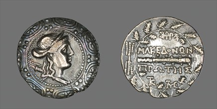 Tetradrachm (Coin) Depicting a Macedonian Shield with the Goddess Artemis, 158-149 BCE. Creator: Unknown.