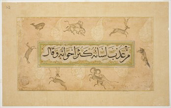 Album Page with Calligraphic Specimen and Animal Border, late 17th cent. (border); c16th cent... Creator: Unknown.