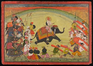Maharao Guman Singh Riding an Elephant in Procession, dated 1770 (samvat 1827). Creator: Unknown.