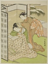Girl Playing a Prank on a Young Man who is Napping, c. 1769. Creator: Isoda Koryusai.