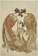 Two Courtesans Watching an Attendant Play with a Rat, c. 1777. Creator: Isoda Koryusai.