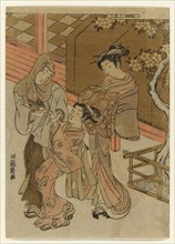 Courtesan Watching her Attendant Detain Hooded Man, c. 1772. Creator: Isoda Koryusai.