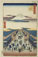 Surugacho, from the series "One Hundred Famous Views of Edo (Meisho Edo hyakkei)", 1856. Creator: Ando Hiroshige.