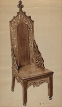 Chair with Carved Grape Leaf Decoration and Gothic Top, c. 1937. Creator: Robert Stewart.