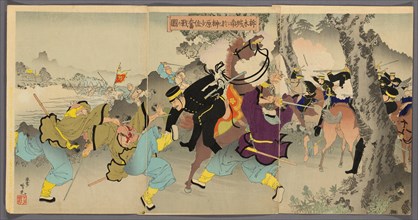 Lieutenant Commander Sakakibara Fighting Bravely to the South of Ximucheng (Takubokujo nan ni oite Sakakibara shosa funsen no zu), 1895.