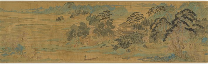 The Peach Blossom Spring ????, Late Ming (1368-1644) or early Qing (1644-1912) dynasty ??. An ink and color handscroll of a landscape scene, mountains in the background, a river in the foreground and ...