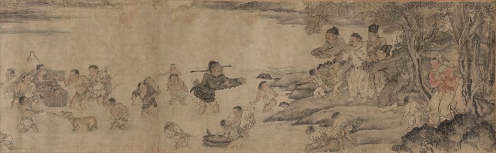 Yang Pu Moving His Family, Yuan dynasty (1279-1368). Long scroll ink painting depicting people with their animals and belongings crossing a river.