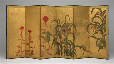 Maize and Cockscombs, mid 17th century. Gold folded tall screen with red flowers, green maize plants.