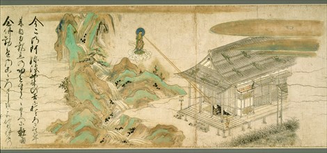 Legends of the Yuzu Nembutsu Sect, 14th century. Long painted scroll, green, brown mountains, wooden house, Amida Buddha on cloud.