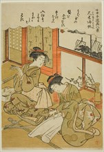 Returning Sails of the Bamboo Knives (Takenaga no kihan), from the series ”Eight Views of Maids' Utensils (Jochu tedogu hakkei)", late 18th century. Attributed to Kitao Masanobu.