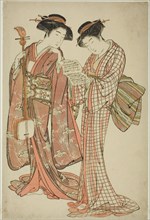 Two Geisha Holding a Shamisen and a Song Book, c. 1777. Attributed to Kitao Shigemasa.