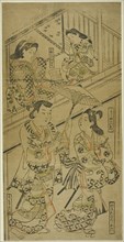 On the Yoshida Highway, c. 1685. An actor playing Miyako no O Kuni sits in an open second-floor room with an attendant. Ukiyo-no-suke, walking below, holds an umbrella over Kanto Koroku. Attributed to...