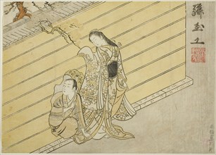 The Hole in the Wall, 1765. The poet Narihira visited the empress in secret, entering through a crumbling palace wall. When discovered, he was sent into exile in northern Japan. Attributed to Suzuki H...