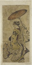 The Actors Matsumoto Hyozo as a woman holding an umbrella and Nakamura Shichisaburo I as a young boy, c. 1700. Attributed to Torii Kiyonobu I.
