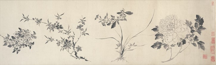 Flowers of the Four Seasons, Ming dynasty (1368-1644), 1599. Horizontal image of four distinct cut or uprooted flowers rendered in fine black ink. The first three feature small leaves and blossoms, th...
