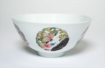 Bowl with Medallions of Butterflies, Peonies, Chrysanthemums, Peaches, Plums and Orchids, Qing dynasty (1644-1911), spurious reign mark of Yongzheng (1723-35) , overglaze painting perhaps added later.