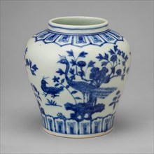 Jar with Peacocks, Garden Rock, and Foliage, Ming dynasty, mark and period of Jiajing (1522-66).