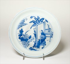 Plate with Scholar and Attendant in Garden, Qing dynasty (1644-1911), Kangxi period (1662-1722).