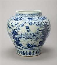Jar with the Four Accomplishments: Painting, Calligraphy, Music, Strategy, Ming dynasty (1368-1644), 15th century.