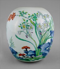 Jar with Narcissus, Nandina Berries, Lingzhi Mushrooms, and Rocks, Qing dynasty (1644-1911), Yongzheng reign mark and period (1723-1735).